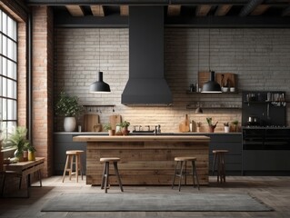 Wall mockup in loft, kitchen in industrial style