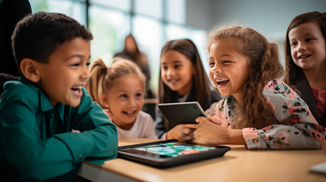 Group of elementary school kids learning using digital tablets in class.