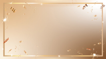 Golden promotion banner holiday party template background with gold border and confetti