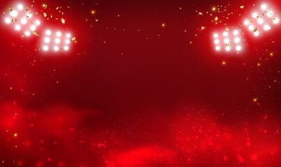 Empty scene background with red smoke spotlights. Red smoke mist fog background with gold glitter sparkle. Red stage studio with smoke float up the interior texture for display products. Vector EPS10. - obrazy, fototapety, plakaty