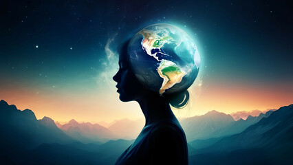 Human head silhouette with Earth in the sky. Conceptual image.  AI generated.