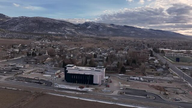EPHRAIM, UTAH - 10 DEC 2023: Aerial LDS Temple construction Ephraim Utah pull. Aerial Ephraim Utah Temple of The Church of Jesus Christ of Latter-day Saints, LDS or Mormon religion. Christian. 