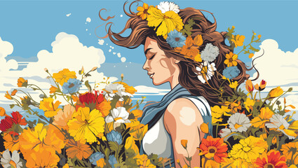 Fashion a vector illustration of a heath in full bloom during springtime. bouquet of wildflowers, is prominently displayed with intricate details on each petal. - obrazy, fototapety, plakaty