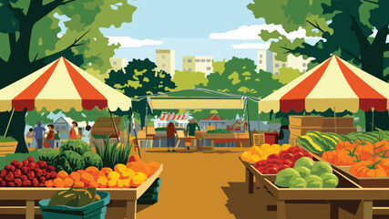 Food Vector Farmers' Market vector illustration of a vibrant farmers' market with stalls of fresh produce, artisan goods, and shoppers.  - obrazy, fototapety, plakaty