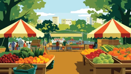 Foto op Canvas Food Vector Farmers' Market vector illustration of a vibrant farmers' market with stalls of fresh produce, artisan goods, and shoppers.  © J.V.G. Ransika