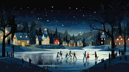 heartwarming vector scene of families ice skating on a frozen pond under the moonlight. the ice skaters  - obrazy, fototapety, plakaty
