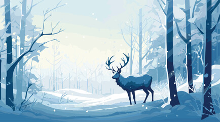 serene vector scene of a lone reindeer standing in a snowy forest clearing, with a soft, gradient _flat color_ background transitioning from cool blues to snowy whites.