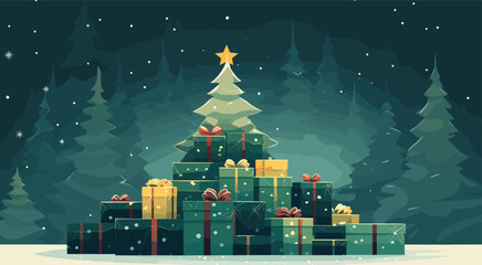 serene vector scene of a stack of beautifully wrapped Christmas presents, nestled against a solid, _flat color_ background in a rich forest green. 