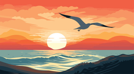 vector scene portraying a heath by the sea on a clear summer day. seagull in mid-flight, is the focal point, its wings spread wide against the backdrop of a striking sunset sky.  - obrazy, fototapety, plakaty