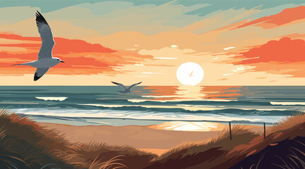 vector scene portraying a heath by the sea on a clear summer day. seagull in mid-flight, is the focal point, its wings spread wide against the backdrop of a striking sunset sky.  - obrazy, fototapety, plakaty