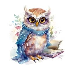 Watercolor cute clipart owl in glasses reading a book on transparent background. sublimation, tshirt, mug, pillow, tumbler, print