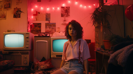 Sad Girl in Messy Room with Pink String Lights
