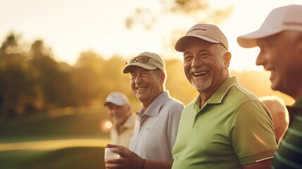 A group of seniors enjoying playing golf together outdoors at the country club. sunset in summer - obrazy, fototapety, plakaty