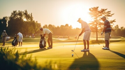 A group of seniors enjoying playing golf together outdoors at the country club. sunset in summer - Powered by Adobe