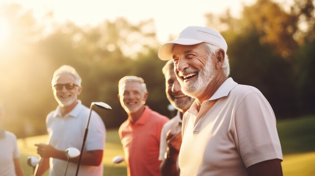 A group of seniors enjoying playing golf together outdoors at the country club. sunset in summer