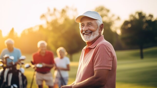 A group of seniors enjoying playing golf together outdoors at the country club. sunset in summer