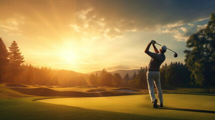 Golfer hits driver sweeping golf ball down the fairway against the background of sunrise. telephoto lens realistic lighting