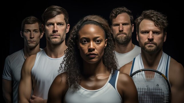 Group of tennis players with tennis rackets