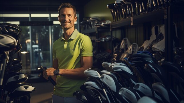Smiling handsome man choosing golf clubs in golf shop