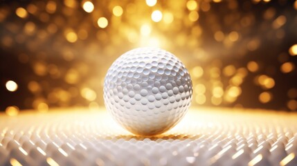 White golf balls explode with golden sand on a neon light background.