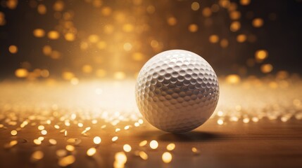Fototapeta na wymiar White golf balls explode with golden sand on a neon light background.