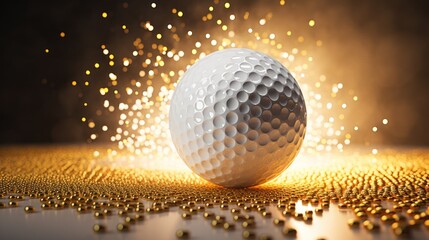 White golf balls explode with golden sand on a neon light background.