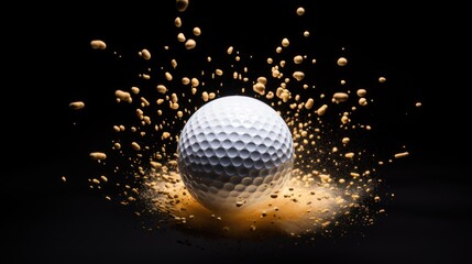 White golf balls explode with golden sand on a neon light background.
