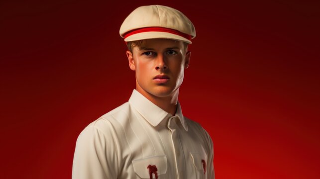 Young man in cricket uniform isolated with red background.