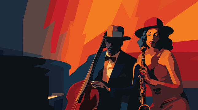 Music Vector Performance detailed vector illustration of a jazz performance in a smoky, intimate jazz club, featuring jazz musicians, saxophones, and a soulful ambiance. 