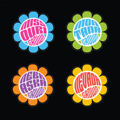 Set of retro psychedelic daisies with state names Missouri, Montana, Nebraska, Nevada for travel stickers, t-shirt designs, labels, design elements.