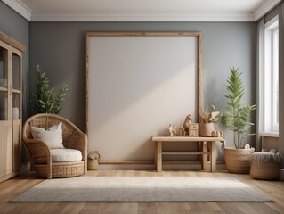 Mock up frame in children room with natural wooden furniture, Farmhouse style interior background