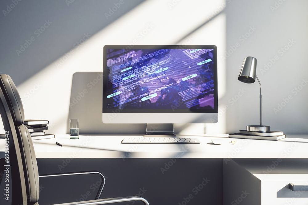 Leinwandbilder modern computer screen with abstract creative coding sketch and world map, artificial intelligence a