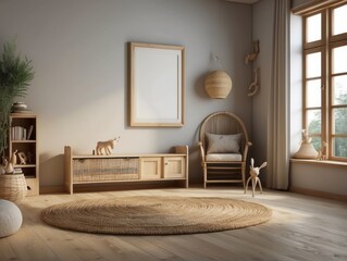 Mock up frame in children room with natural wooden furniture, Farmhouse style interior