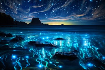 A mesmerizing display of bioluminescent plankton lighting up the ocean surface, creating a celestial dance under a starry night