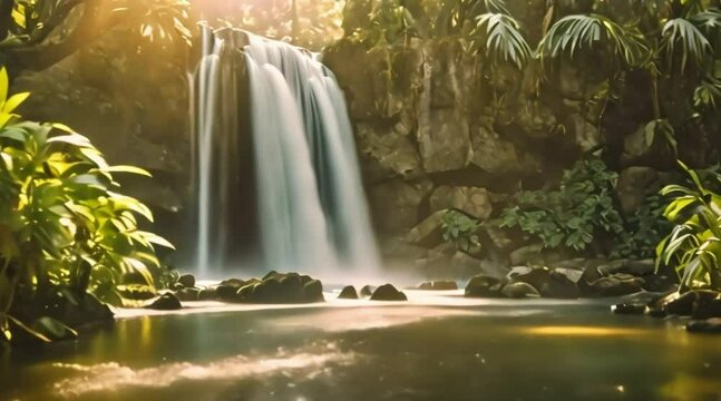 Sunshine tropical waterfall Generative AI. Virtual video scene animated background