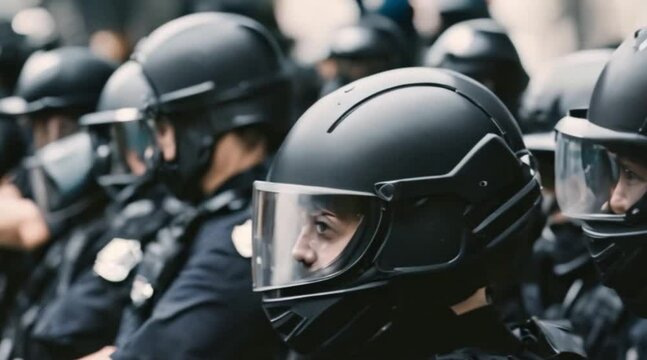 police wear dark protective masks amid the riots Generative AI. Virtual video scene animated background