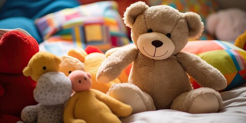 Little Teddy bear children's favorite toy sitting on the bed. Evening cozy atmosphere of children's room bed and home. Calmness and tranquility before bed. Cute gift in the form of a toy bear
