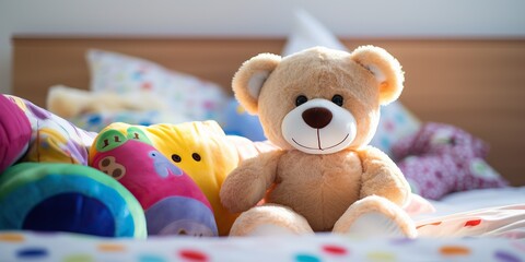 Little Teddy bear children's favorite toy sitting on the bed. Evening cozy atmosphere of children's room bed and home. Calmness and tranquility before bed. Cute gift in the form of a toy bear