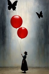 A girl in a black dress holding a red balloon