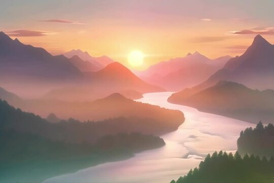 Anime Landscape with Mountains Forests and Rivers Generative AI Generative AI. Virtual video scene animated background