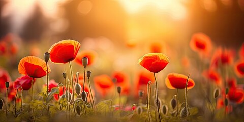 Colorful spring summer landscape with red poppy flowers in meadow in nature glow in sun. Selective focus, shallow depth of field - obrazy, fototapety, plakaty