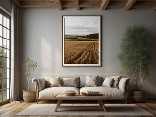 Mockup frame in farmhouse living room interior