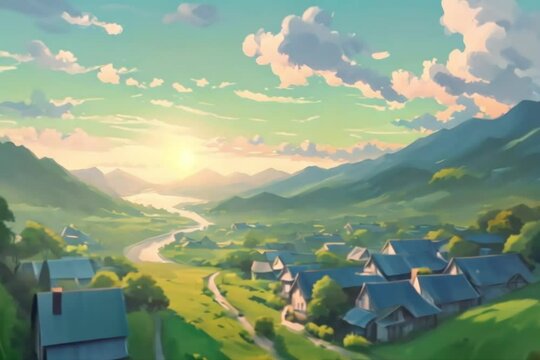 Top View Blue and Green Color Village Sunrise River Mountain Generative AI Generative AI. Virtual video scene animated background