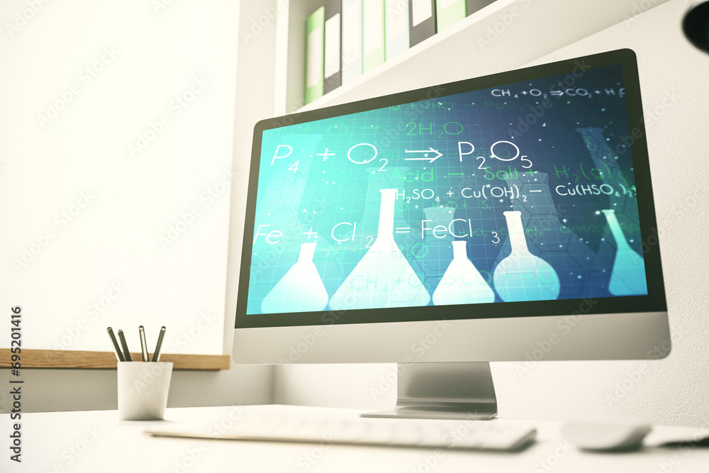 Poster creative chemistry illustration on modern computer monitor, science and research concept. 3d renderi