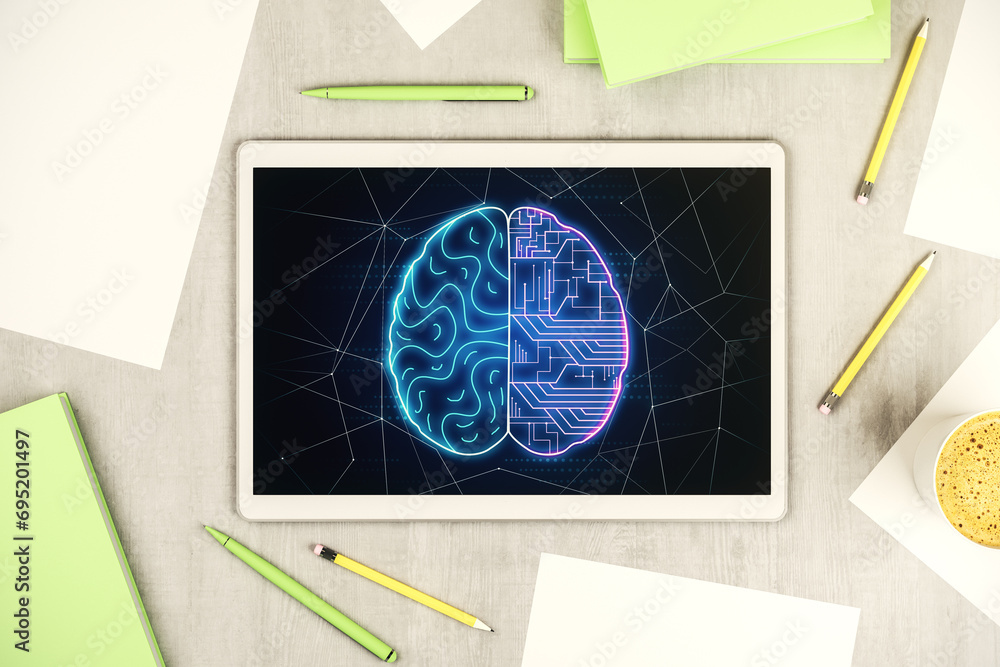 Aufkleber creative artificial intelligence concept with human brain sketch on modern digital tablet display. t