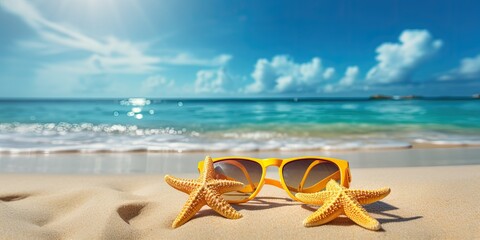 Fototapeta na wymiar Concept summer beach holiday. Beach accessories - straw hat, sunglasses with blue sky reflection, starfish, on sandy tropical beach against turquoise ocean on bright sunny day