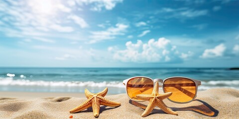 Concept summer beach holiday. Beach accessories - straw hat, sunglasses with blue sky reflection, starfish, on sandy tropical beach against turquoise ocean on bright sunny day