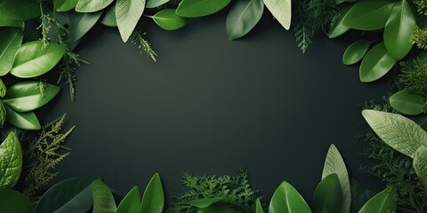 Creative layout composition frame of juicy green leaves with beautiful texture with paper card note, macro. Flat lay. Nature concept, copy space - obrazy, fototapety, plakaty