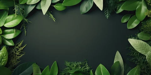 Wandcirkels tuinposter Creative layout composition frame of juicy green leaves with beautiful texture with paper card note, macro. Flat lay. Nature concept, copy space © Creative Canvas