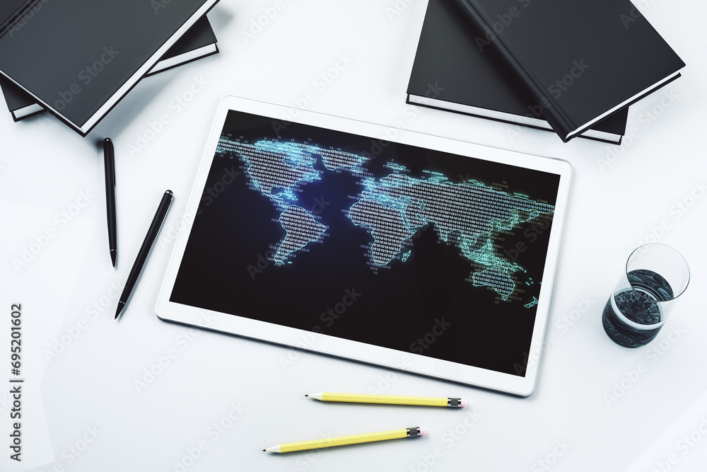 Poster Abstract graphic world map on modern digital tablet screen, connection and communication concept. Top view. 3D Rendering